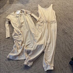 Three Bird Nest Cream Jumpsuit and Cardigan Set.  Longer length cardigan.